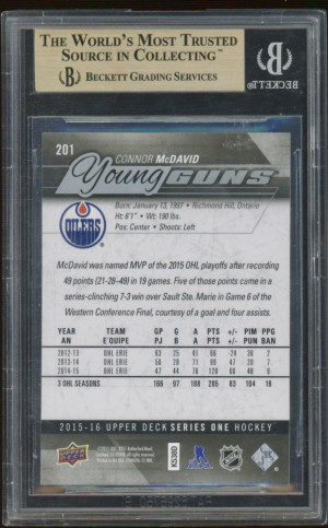 CONNOR MCDAVID YOUNG GUNS BGS BECKETT GEM MINT 9.5 back